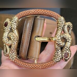 Vintage Roberto Cavalli Olive Green Leather Belt with Gold Snake Buckle